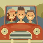 How to get to Mojacar, Almeria. Cartoon image of a red car with three people sitting in the front.
