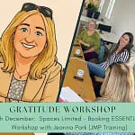 Banner picture with 4 images, including a picture of Jeanna, a photo from a previous workshop and a couple of stock images with Gratitude