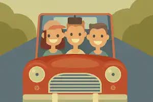 How to get to Mojacar, Almeria. Cartoon image of a red car with three people sitting in the front.