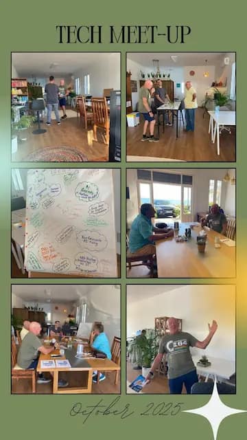 Tech Meet Up October 2025 Collage titled "TECH MEET-UP" featuring six candid photos from an October 2025 gathering. Images show small groups of people in relaxed indoor settings—chatting around tables, brainstorming with colorful notes, and sharing ideas with laptops and drinks. The cozy space includes wooden furniture and warm lighting, capturing a collaborative, community-driven atmosphere.