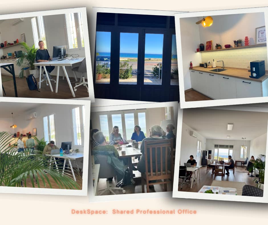 A polaroid style collage of 6 images showing aspects of DeskSpace. Person at desk, through windows looking at sea, kitchen area, looking at person working and kitchen area, group at table and view of room