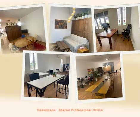 Collage of five photos showcasing DeskSpace, a shared professional office featuring upcycled wooden furniture. Highlights include an oval table in a meeting area with plants, a cozy lounge with pendant lights and artwork, a private area with natural light and a large wooden desk, a bright communal workspace with an upcycled high white table and black chairs, and an open-plan area with multiple tables and shelves. The space blends warmth, sustainability, and flexible work environments.